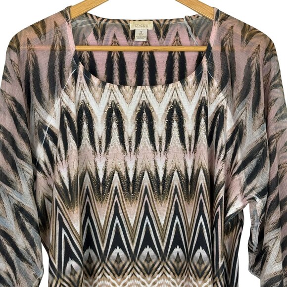 Chicos Mixed Print Top Sz 2 (12 14 Large) Sheer Sleeves Embellished 3/4 Sleeve - Picture 2 of 12